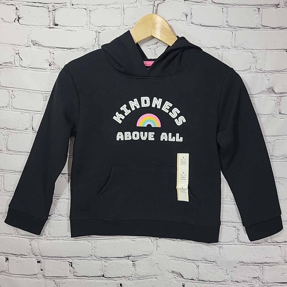 NEW Cat And Jack Girl's Black Hoodie Size S Kindness For All Rainbow Long Sleeve